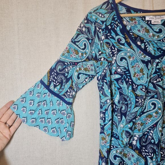 Vera Bradley Womens Medium Paisley Floral Print Blue Bell 3/4 Sleeve Top V Neck - Picture 2 of 7